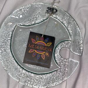 Wine Round Glass Holder Plates for Appetizers, Mesa Nueva 3Dglassware NWT 2pc